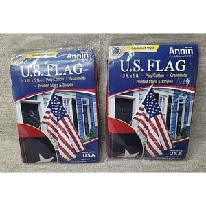 2 American Flags 3x5 Grommets Annin Stars & Stripes Poly Cotton Patriotic USA‎